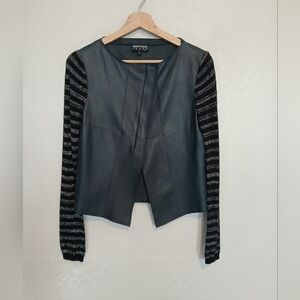 Emporio Armani Azure Blue, Black & Silver Tailored Leather Jacket Knit Sleeves